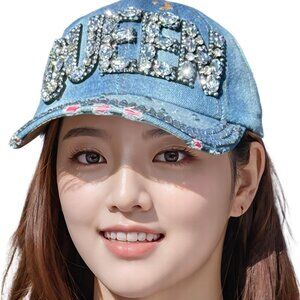 Women’s Rhinestone Baseball Cap Felted Distressed Denim Sun Hat for Parties